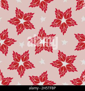 Nahtloses Vektor-Muster mit roten Blumen und Sternen auf hellrosa Hintergrund. Weihnachtliche Tapeten im floralen Dessin mit Weihnachtsstern. Saisonale Mode. Stock Vektor