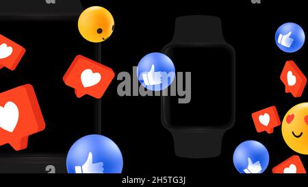 Dunkles Mockup für Tech Advertisement. Social Media-Banner mit Smart Watch und Emoticons. Vektorgrafik Stock Vektor