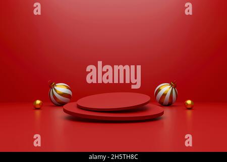 Weihnachten und ein glückliches neues Jahr Dekorationen mit einer goldenen silbernen Kugel und goldenen Stern auf rotem Hintergrund. 3d-Illustration Stockfoto