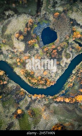 Gelber Wald im Herbst und blauer Fluss, Blick von oben. Stockfoto