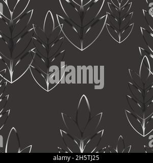 Nahtloses Vektormuster mit abstrakten Blättern auf dunkelgrauem Hintergrund. Silberner Baum Tapete Design. Romantische Mode Textil. Stock Vektor
