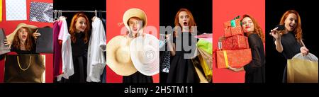 Collage aus Porträts einer schönen lächelnden Frau, shopocholischen Einkaufsaktivität isoliert auf buntem Hintergrund Stockfoto