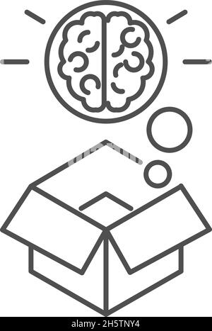 Über den Tellerrand hinaus denken. Offener Karton mit menschlichem Gehirn. Skizzieren Sie die dünne Linie. Isoliert auf weißem Hintergrund. Stock Vektor