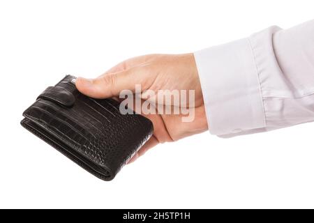 Der Mann hält in der Hand eine auf weißem Hintergrund isolierte Ledertasche, Vorlage für den Designer Stockfoto