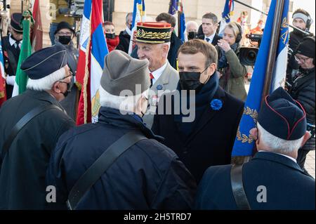 Emmanuel Macron nimmt am 11. November 2021 an der 103. Jahrestages des Waffenstillstands am 11. November 1918 im Arc de Triomphe in Paris, Frankreich, Teil. Foto von Laurent Zabulon / ABACAPRESS.COM Stockfoto