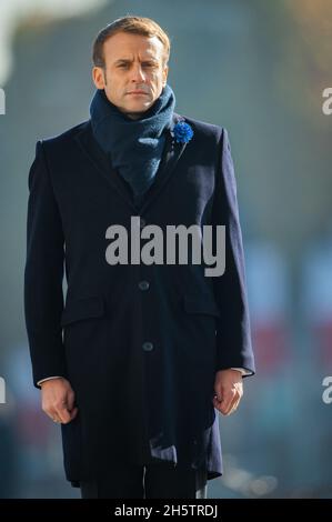 Emmanuel Macron nimmt am 11. November 2021 an der 103. Jahrestages des Waffenstillstands am 11. November 1918 im Arc de Triomphe in Paris, Frankreich, Teil. Foto von Laurent Zabulon / ABACAPRESS.COM Stockfoto