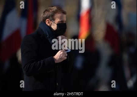 Emmanuel Macron nimmt am 11. November 2021 an der 103. Jahrestages des Waffenstillstands am 11. November 1918 im Arc de Triomphe in Paris, Frankreich, Teil. Foto von Laurent Zabulon / ABACAPRESS.COM Stockfoto