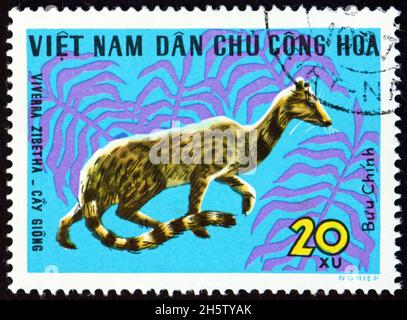 VIETNAM - UM 1965: Eine in Vietnam gedruckte Marke zeigt die große indische Zibeta viverra zibetha, eine viverridische, aus Süd- und Südostasien stammende Zibeta, um 19 Stockfoto