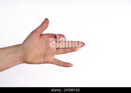 Weibliche Handgesten isoliert über dem weißen Hintergrund.Hundeschild-Pose Stockfoto
