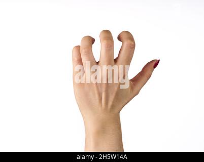 Hand einer Frau, die versucht, etwas zu erreichen oder zu greifen. Fling, Touch-Zeichen. Isoliert auf weißem Hintergrund. Stockfoto