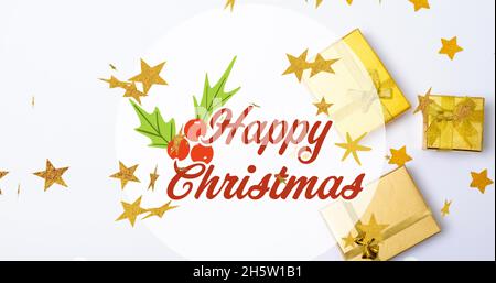 Bild von fröhlichem weihnachtstext über fallenden Sternen und Geschenken Stockfoto