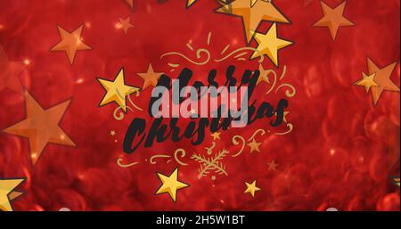 Bild von fröhlichem weihnachtstext über Sternen Stockfoto