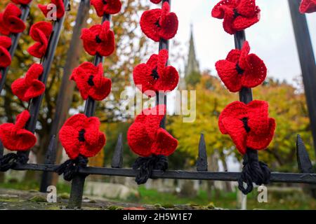 In Marlow, Buckinghamshire, wurden Hunderte von Stoffmohn auf Geländer gelegt. Menschen in ganz Großbritannien werden um 11 Uhr ein zweiminütiges Schweigen halten, um sich an die Kriegtot zu erinnern. Bilddatum: Donnerstag, 11. November 2021. Stockfoto