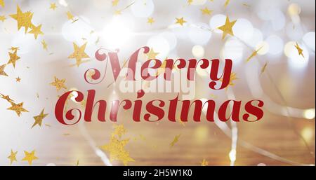 Bild von fröhlichem weihnachtstext über Lichtern Stockfoto