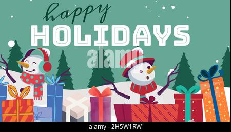Bild von Happy Holidays Text zu weihnachten über Geschenke und Schneefall Stockfoto