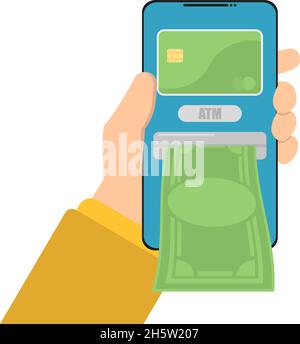 Geldautomat in Telefon virtuelle Bank Geld in flachen Stil Stock Vektor