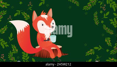 Bild von Fuchs mit Tasse zu weihnachten über Blättern Stockfoto