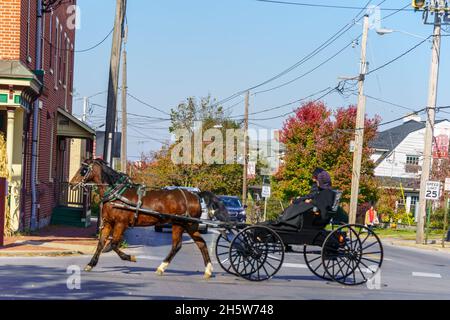 Strasburg, PA, USA - 7. November 2021: Ein von Pferden gezogener Amish-Buggy wird als Haupttransportwagen in Lancaster County, PA, verwendet. Stockfoto