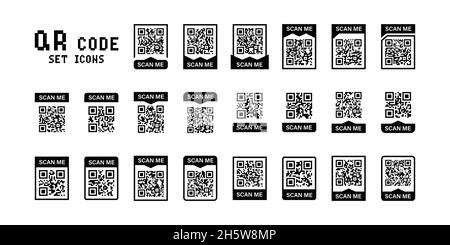 QR-Code, Scan Me Set-Symbole für das Design mobiler Geräte. Vektor isoliertes schwarzes Zeichen Stock Vektor