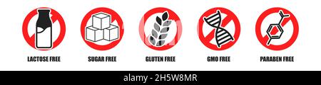 Laktose, Zucker, Gluten, gvo, Parabenfrei Aufkleber-Set, Bio-Ernährung Lebensmittel-Tag-Sammlung. Stock Vektor