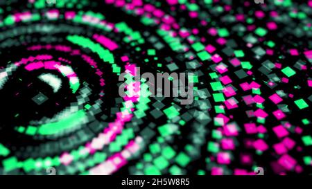 Abstrakte helle Neon-Kreise, bestehend aus kleinen bunten geometrischen Figuren und chaotisch in der Dunkelheit bewegen. Disco-Tanz und elektronische Musik Stockfoto