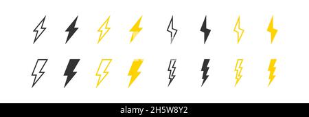 Symbol „Blitz-Set“. Gelbe und schwarze Zeichentrickfigur Symbol. Vektor-isolierte Illustration Stock Vektor