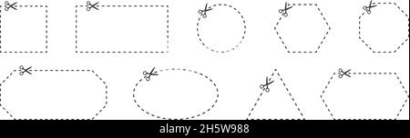Symbole für die Kupon-Trimmlinie gesetzt. Scheren-Symbol. Vektorlinie auf weißem Hintergrund Stock Vektor