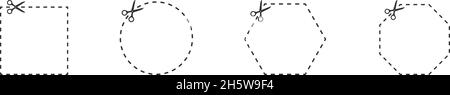 Symbole für die Kupon-Trimmlinie gesetzt. Scheren-Symbol. Vektorlinie auf weißem Hintergrund Stock Vektor