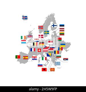 Europa-Karte und Flaggensymbole. Geographische Grenzen der europäischen Länder. Vektorgrafik Stock Vektor