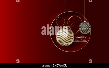 Frohes neues Jahr 2022. Weiße Papierzahlen mit goldener Weihnachtsdekoration und Konfetti auf dunkelrotem e Hintergrund. Grußkarten im Weihnachtsdesign. Stock Vektor