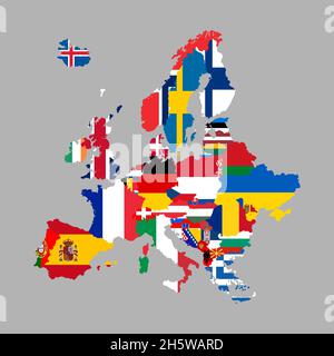 Europa-Karte und Flaggensymbole. Geographische Grenzen der europäischen Länder. Vektorgrafik Stock Vektor