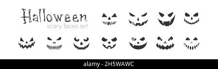 Beängstigende Gesichter setzen Symbole. Halloween Kürbisse Gesicht Silhouetten. Vektorgrafik flach Stock Vektor