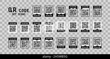 QR-Code, Scan Me Set-Symbole für das Design mobiler Geräte. Vektor isoliertes schwarzes Zeichen Stock Vektor