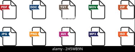 Flaches Symbol für die Dateierweiterung. Format des Sammeldokuments. Symbole für Vektorschaltflächen Stock Vektor