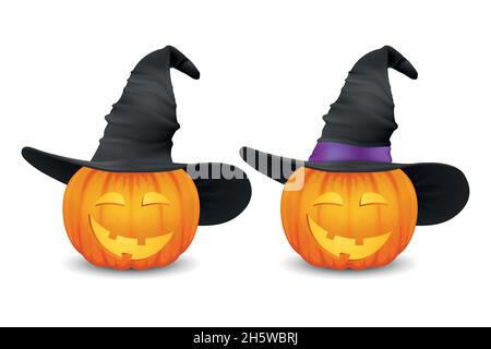Vektor Hochglanz Cartoon Halloween Pumpkin Laterne mit Lustigen Gesicht und Hexenhut Symbol Set Nahaufnahme isoliert auf Weiß. Vorderansicht. Designvorlage von Stock Vektor