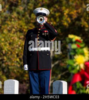 Arlington, Usa. November 2021. Timothy Weiland, ein US Marine Corps-Bugler, spielt während einer Zeremonie zum Veteranentag auf dem Arlington National Cemetery am 10. November 2021 in Arlington, Virginia, Wasserhähne. Kredit: LCpl. Mark Morales/USA Marine Corps/Alamy Live News Stockfoto