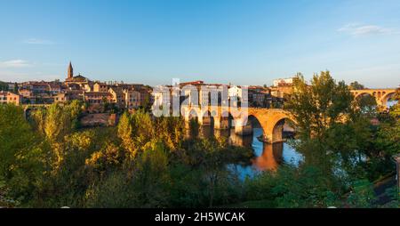 Panorama von Albi und der alten Brücke im Herbst, im Tarn, in Oczitanien, Frankreich Stockfoto