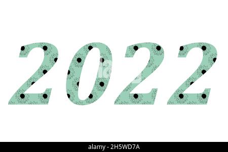 2022 Neujahr! Zahlen mit schönen nahtlosen Sonnenblumen-Muster mit einem grünen Hintergrund, isoliert auf einem weißen Hintergrund Stockfoto