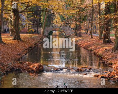 Herrenhaus Park in der Stadt Ilowa in Polen. Ein kleiner, enger Fluss. Es gibt eine alte Steinbrücke für die Hybris über dem Fluss. Es ist Herbst. Stockfoto