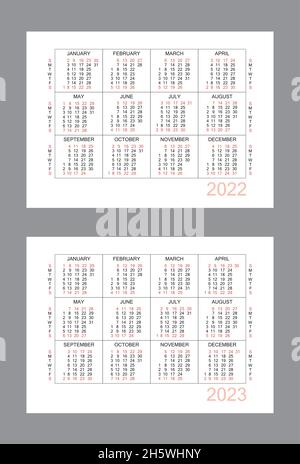 Horizontaler Kalender für 2 Jahre - 2022, 2023. Einfaches Kalenderraster auf weißem Hintergrund isoliert, Sonntag bis Montag, Geschäftsvorlage. Jährlich calenda Stock Vektor