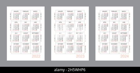 Vertikaler Kalender für 3 Jahre - 2022, 2023, 2024. Einfaches Kalenderraster auf weißem Hintergrund isoliert, Sonntag bis Montag, Geschäftsvorlage. Jährliche Kal Stock Vektor