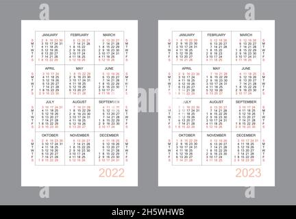 Vertikaler Kalender für 2 Jahre - 2022, 2023. Einfaches Kalenderraster auf weißem Hintergrund isoliert, Sonntag bis Montag, Geschäftsvorlage. Jahreskalender Stock Vektor