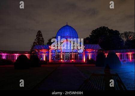 London, Großbritannien. 11. November 2021. Das große Konservatorium wird bei einer Vorschau des Enchanted Woodland im Syon Park im Westen Londons beleuchtet. Die Veranstaltung, die jetzt im 15. Jahr stattfand, aber letztes Jahr aufgrund von Bedenken wegen des Coronavirus abgesagt wurde, bietet Illuminationen auf einem Weg durch das von Capability Brown gestaltete Gelände, vorbei am Syon House aus dem 16. Jahrhundert, dem Londoner Zuhause des Herzogs von Northumberland, und endet am Großen Konservatorium. Die Ausstellung läuft vom 12. November bis zum 28. November 2021. Kredit: Stephen Chung / Alamy Live Nachrichten Stockfoto