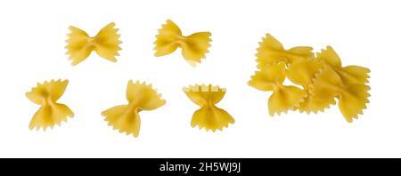 Set von schönen scalloped farfalle pastas isoliert auf einem weißen Hintergrund. Nahaufnahme von ungekochten gelben Schmetterlingen oder Nudelgerichten in Form einer Fliege. Grundnahrungsmittel. Stockfoto