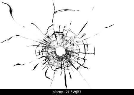 Schussloch, Textur von Rissen auf dem Glas. Defekte Windschutzscheibe. Beschädigte Autoscheibe. Stockfoto