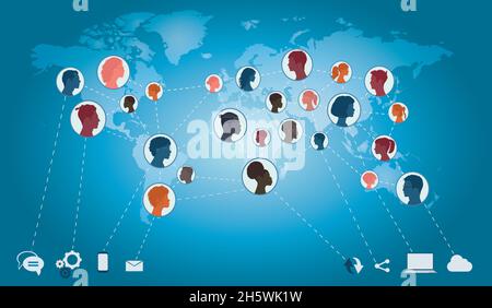 Kommunikation globales Netzwerk-Konzept.Gruppe von Geschäftsleuten oder Freunden, die im Netzwerk verbunden sind. Verschiedene internationale Menschen waren miteinander verbunden Stock Vektor