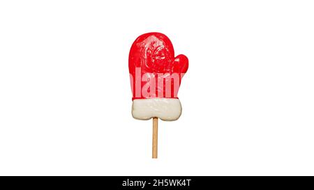 Weihnachten Lollipop isoliert weißen Hintergrund traditionelle Neujahr Süßigkeiten Weihnachtsmann Fäustling Lollipop. Stockfoto