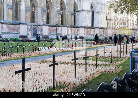 Westminster Abbey, London, Großbritannien, 11. November 2021. Tribute auf Kreuzen mit Mohnblumen werden am Waffenstillstandstag außerhalb der Westminster Abbey im Bereich der Erinnerung gepflanzt, jede trägt eine persönliche Botschaft von einem Mitglied der Öffentlichkeit, um diejenigen zu ehren, die ihr Leben in den Dienst unseres Landes gestellt haben. Kredit: Xiu Bao / Alamy Live Nachrichten Stockfoto