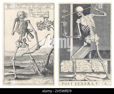 Historische Illustrationen von Skeletten. Links: Tod in Form eines Skeletts mit Köcher auf dem Rücken und Bogen in der Hand von den Grafikern Hendrick Hondius I, Andries Jacobsz. Stock Und Simon Frisius. Rechts: Allegorie auf Berühmtheit nach dem Tod. Tod als Skelett mit Sanduhr und Pfeil. Im Hintergrund Monogramme berühmter, verstorbener Künstler. Hinter dem Tod sechs Zeilen in Latein. Aus der Serie Pictorum aliquot Cebrium Praecipuae Germaniae Inferioris Effigies von Hendrick Hondius I, Simon Frisius, Andries Jacobsz. Stock und Robert de Baudous. Eine digital optimierte Zusammenstellung von 2 historischen Bildern. Stockfoto