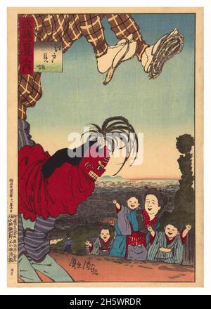 Aus hundert Ansichten der Provinz Musashi. Szene mit japanischer Mutter und drei Kindern, die einen akrobaten-Straßenkünstler ansieht, mit roter Maske, auf der Federn auf seinen Händen stehen; im Hintergrund ein Blick auf die Stadt Tokio. 1884 Eine digital optimierte / verbesserte Version eines historischen japanischen Drucks. Stockfoto